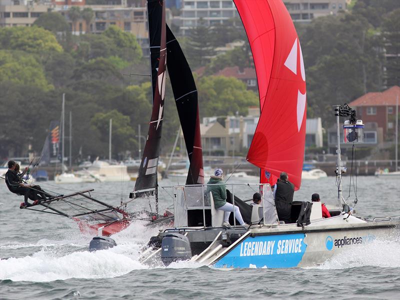 The video team catches all the action as Noakesailing crosses the finishing line to win 18ft Spring Championship Race 1 - photo © Frank Quealey