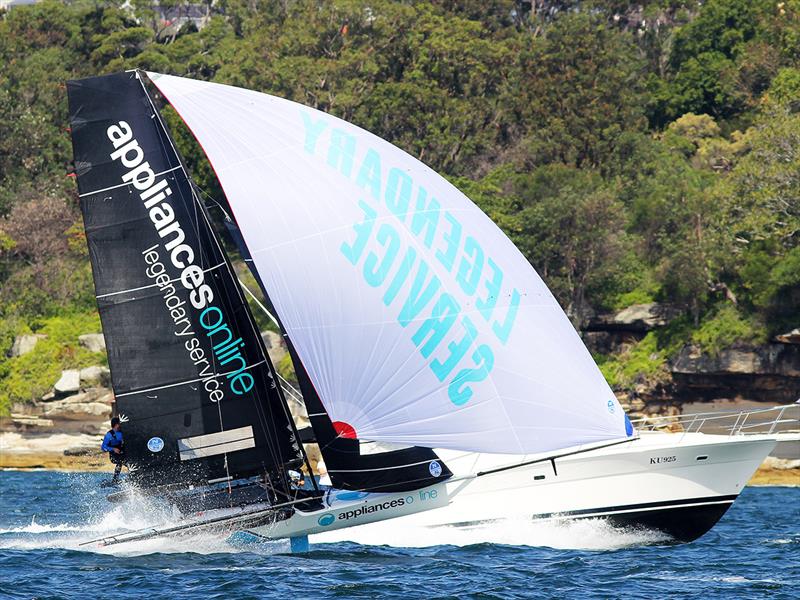 Appliancesonline.com.au shows her downwing speed in a Sydney Harbour Nor'Easter photo copyright Frank Quealey taken at Australian 18 Footers League and featuring the 18ft Skiff class