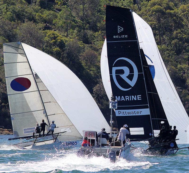 Yandoo and R Marine Pittwater races with little between them on the tight spinnaker run from Clark Island to Chowder Bay during 18ft Skiff NSW Championship race 1 photo copyright Frank Quealey taken at Australian 18 Footers League and featuring the 18ft Skiff class