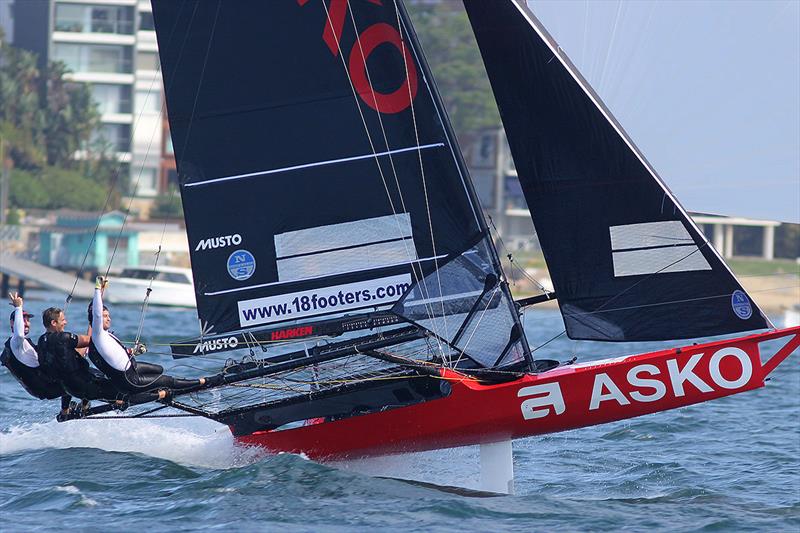 Asko Appliances' crew celebrate a last minute victory in 18ft Skiff NSW Championship race 3 photo copyright Frank Quealey taken at Australian 18 Footers League and featuring the 18ft Skiff class