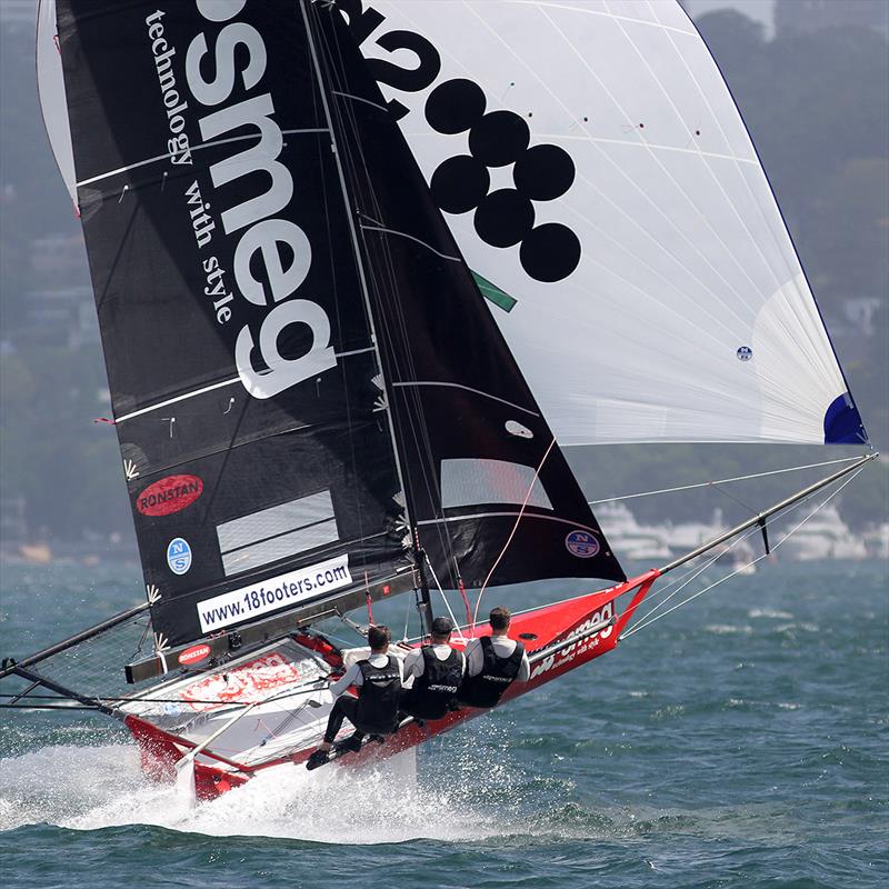 Brilliant exhibition of power sailing downwind by the Smeg crew during 18ft Skiff NSW Championship race 4 photo copyright Frank Quealey taken at Australian 18 Footers League and featuring the 18ft Skiff class