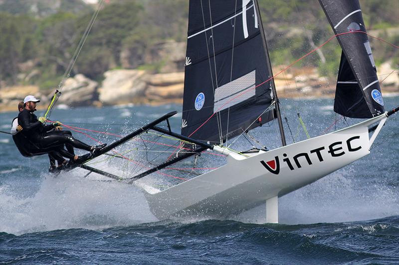 Vintec's crew drive the boat hard but fell foul to the conditions later during 18ft Skiff NSW Championship race 4 - photo © Frank Quealey