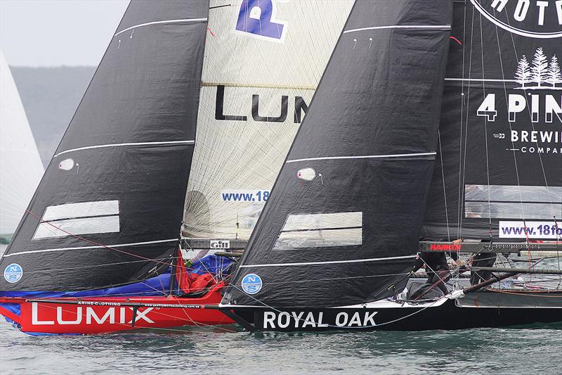 Rounding at the bottom mark on the first lap of the course on day 1 of the 18ft Skiff Australian Championship photo copyright Frank Quealey taken at Australian 18 Footers League and featuring the 18ft Skiff class