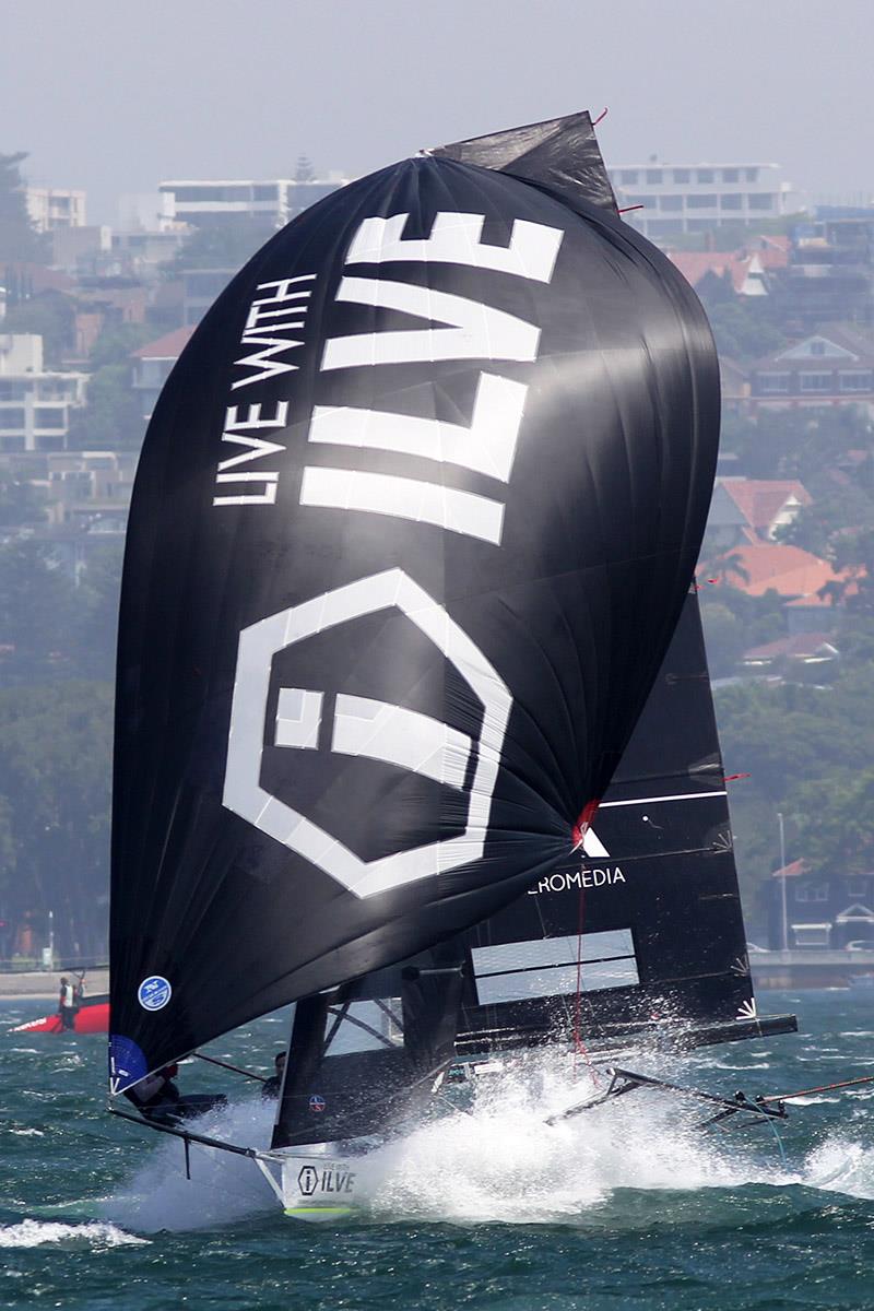 Ilve plows downwind while another skiff lays prone in the background on day 2 of the 18ft Skiff Australian Championship photo copyright Frank Quealey taken at Australian 18 Footers League and featuring the 18ft Skiff class