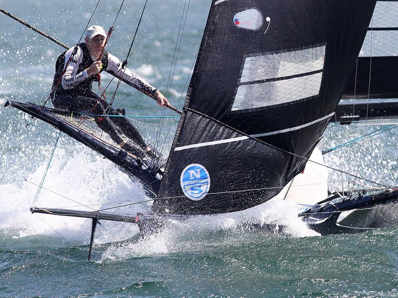 R Marine approaches the bottom mark at top pace on day 2 of the 18ft Skiff Australian Championship photo copyright Frank Quealey taken at Australian 18 Footers League and featuring the 18ft Skiff class