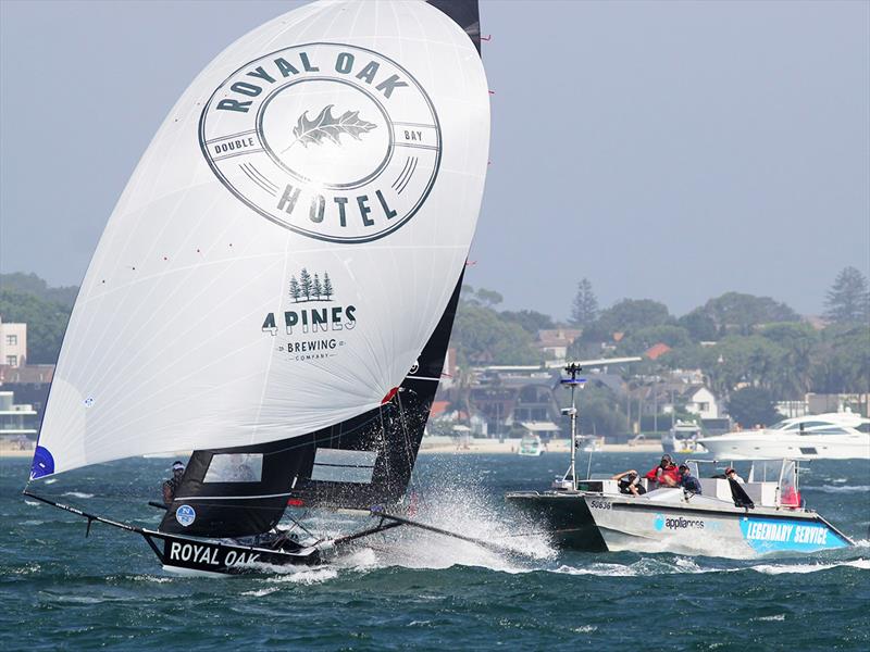 The video team chase the third placed The Oak Double Bay-4 Pines in Race 3 on day 2 of the 18ft Skiff Australian Championship photo copyright Frank Quealey taken at Australian 18 Footers League and featuring the 18ft Skiff class