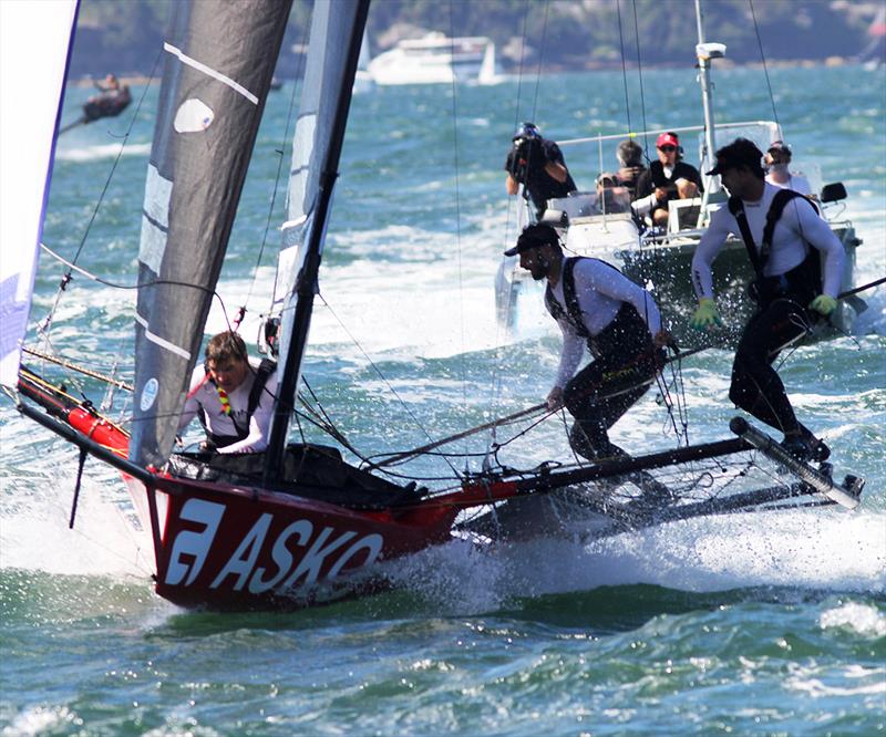 The Asko Appliances gybe for the finish to win Race 8 on day 5 of the 18ft Skiff Australian Championship photo copyright Frank Quealey taken at Australian 18 Footers League and featuring the 18ft Skiff class