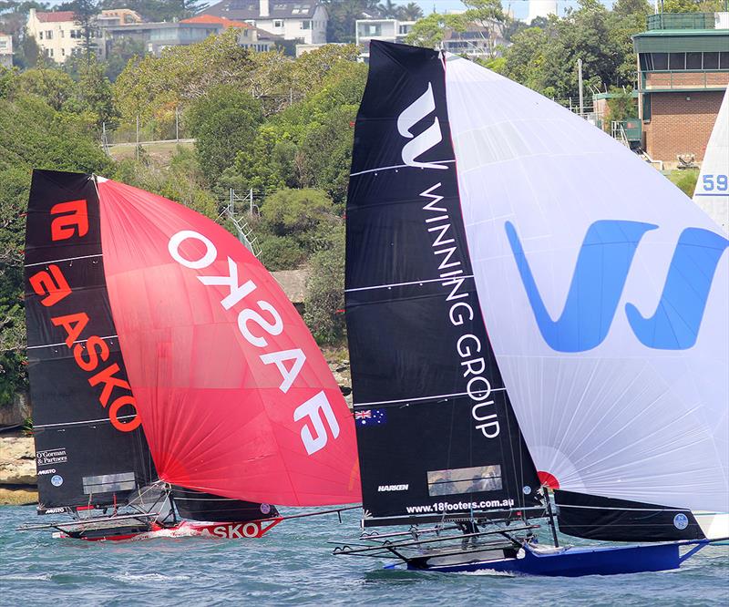 Winning Group and Asko Appliances go head-to-head downwind to the wing mark during race 1 of the 18ft Skiff JJ Giltinan Championship - photo © Frank Quealey