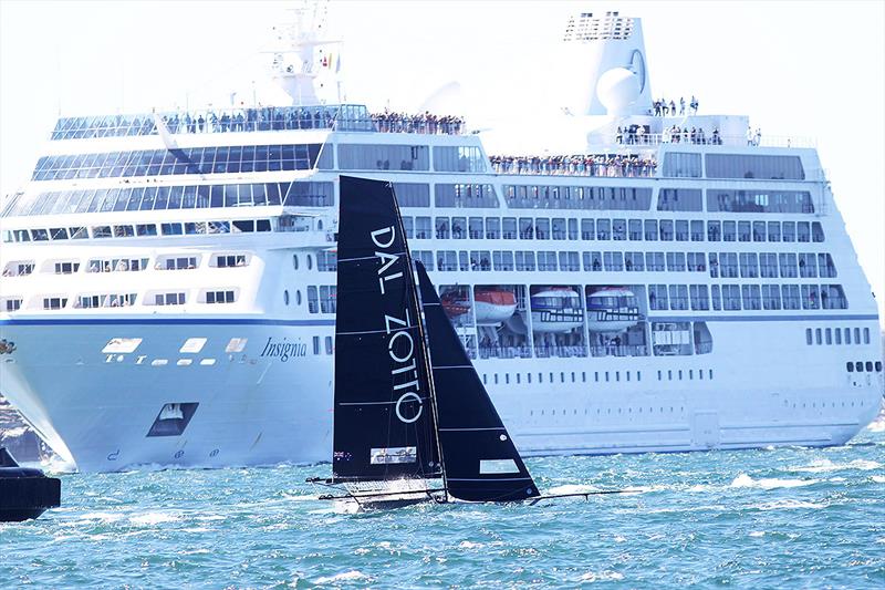 Dal Zotto team keeps well clear of an incoming cruise liner during race 2 of the 18ft Skiff JJ Giltinan Championship - photo © Frank Quealey