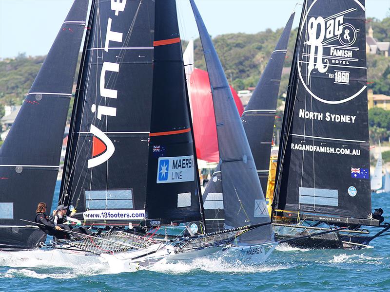 Triple action on the first windward leg during race 2 of the 18ft Skiff JJ Giltinan Championship - photo © Frank Quealey