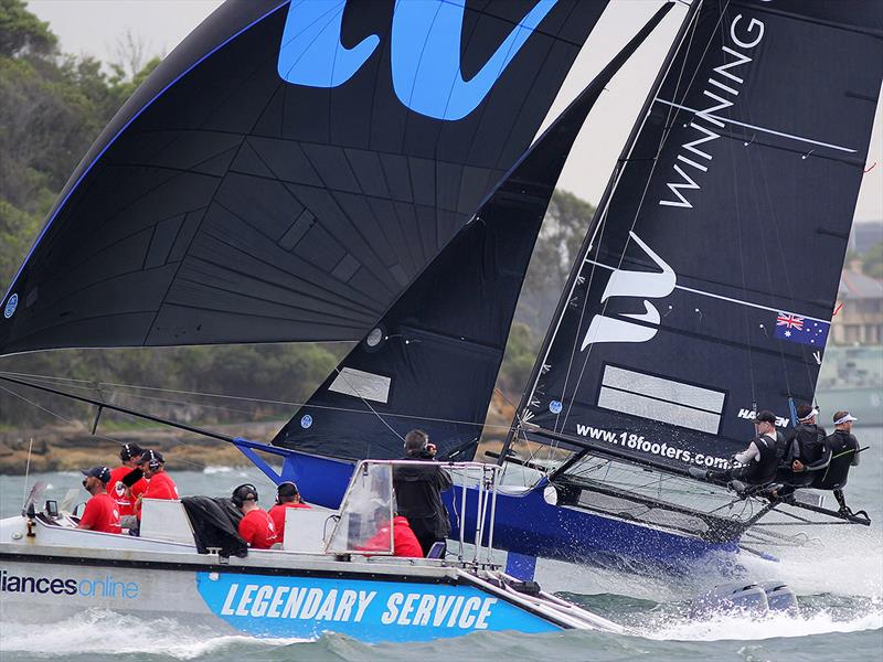 Camera team on hand to catch all the action as Winning Group powers to the finish line in Race 4 of the 18ft Skiff JJ Giltinan Championship photo copyright Frank Quealey taken at Australian 18 Footers League and featuring the 18ft Skiff class