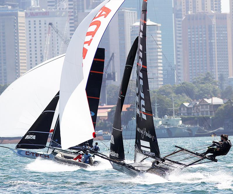 C-Tech was a narrow winner over Honda Marine in Race 3 of the 18ft Skiff JJ Giltinan Championship photo copyright Frank Quealey taken at Australian 18 Footers League and featuring the 18ft Skiff class