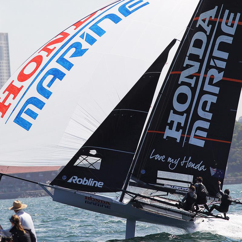 Defending champion Honda Marine team finished second in Race 3 of the 18ft Skiff JJ Giltinan Championship photo copyright Frank Quealey taken at Australian 18 Footers League and featuring the 18ft Skiff class