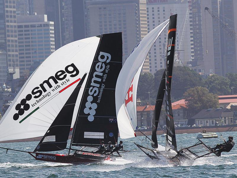 Smeg narrowly crosses Honda Marine as the pair head for the bottom mark on day 3 of the 18ft Skiff JJ Giltinan Championship photo copyright Frank Quealey taken at Australian 18 Footers League and featuring the 18ft Skiff class