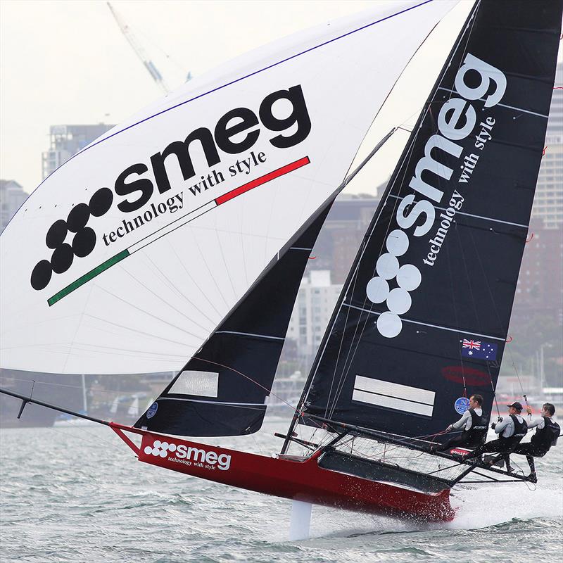 Smeg was flying on her way to victory in Race 4 of the 18ft Skiff JJ Giltinan Championship photo copyright Frank Quealey taken at Australian 18 Footers League and featuring the 18ft Skiff class