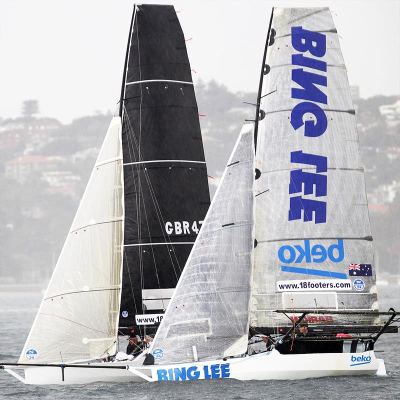 The UK's Black Dog and Bing Lee coming into the bottom mark on day 4 of the 18ft Skiff JJ Giltinan Championship photo copyright Frank Quealey taken at Australian 18 Footers League and featuring the 18ft Skiff class