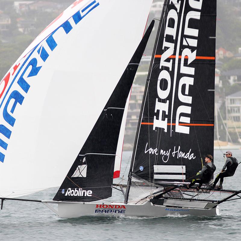 Honda Marine crosses the finish line to take her third win of the championship on day 4 of the 18ft Skiff JJ Giltinan Championship photo copyright Frank Quealey taken at Australian 18 Footers League and featuring the 18ft Skiff class