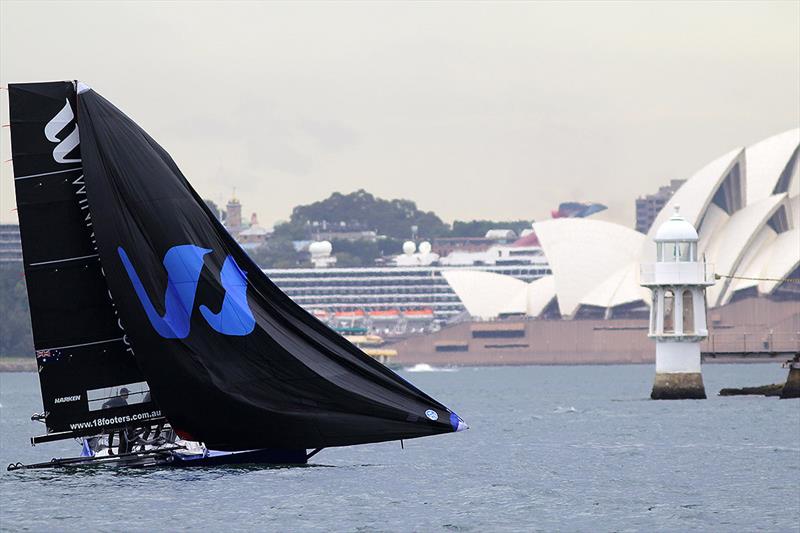 The crew of Winning Group watch their lead disappear in the crazy wind conditions on day 4 of the 18ft Skiff JJ Giltinan Championship photo copyright Frank Quealey taken at Australian 18 Footers League and featuring the 18ft Skiff class