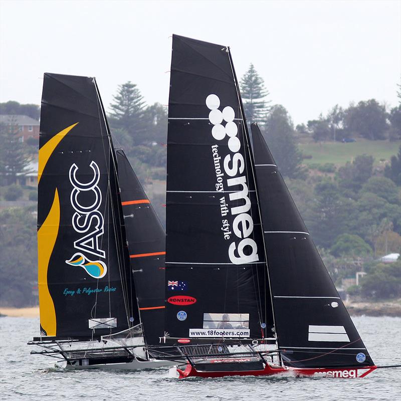 ASCC and Smeg clearly win the start in Race 7 on day 5 of the 18ft Skiff JJ Giltinan Championship  photo copyright Frank Quealey taken at Australian 18 Footers League and featuring the 18ft Skiff class
