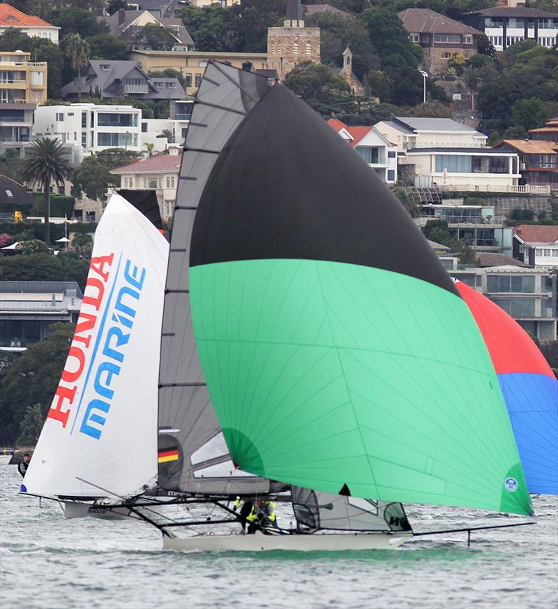 Germany's Marinepool leads Honda Marine and Yandoo in Race 7 on day 5 of the 18ft Skiff JJ Giltinan Championship  photo copyright Frank Quealey taken at Australian 18 Footers League and featuring the 18ft Skiff class