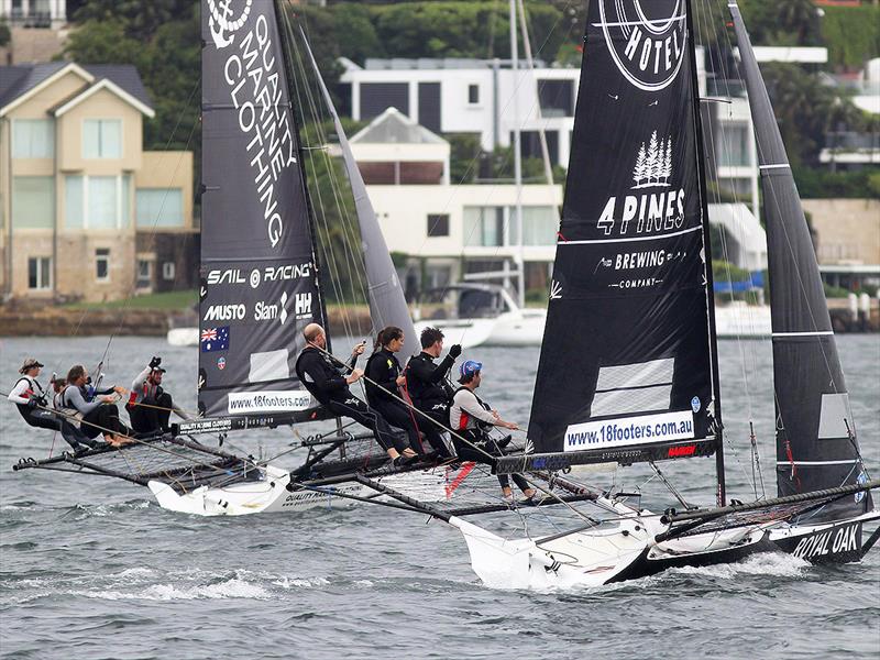 The Oak Double Bay-4 Pines and Quality Marine Clothing battle soon after the start during the 18ft Skiff Queen of the Harbour photo copyright Frank Quealey taken at Australian 18 Footers League and featuring the 18ft Skiff class