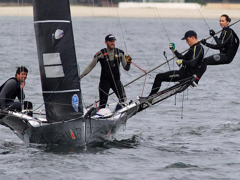 Lara Quigley took control of The Kitchen Maket-Caesarstone after the race while regular skipper Jordan Girdis relaxes on the leeward wing during the 18ft Skiff Queen of the Harbour photo copyright Frank Quealey taken at Australian 18 Footers League and featuring the 18ft Skiff class