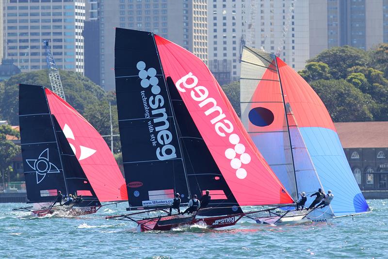 Three teams chase the leader to the bottom mark on lap one in race 2 of the 18ft Skiff Spring Championship on Sydney Harbour photo copyright Frank Quealey taken at Australian 18 Footers League and featuring the 18ft Skiff class
