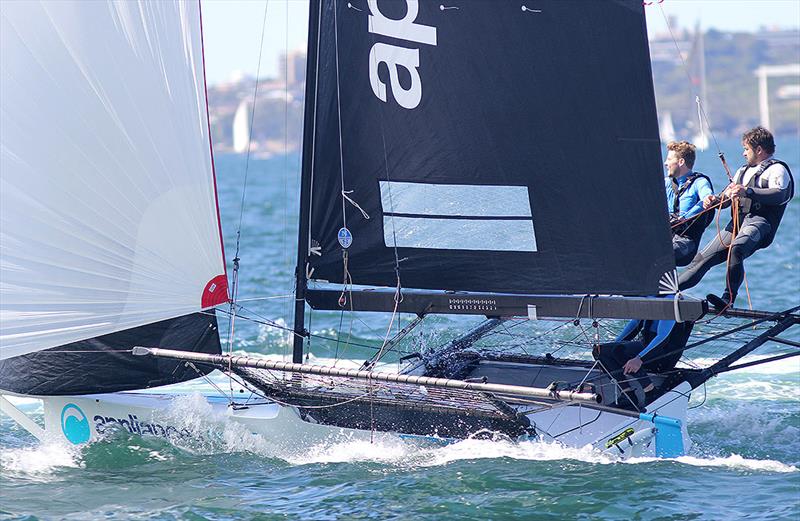 Appliancesonline.com.au crew leads the fleet down the first spinnaker run in race 2 of the 18ft Skiff Spring Championship on Sydney Harbour photo copyright Frank Quealey taken at Australian 18 Footers League and featuring the 18ft Skiff class