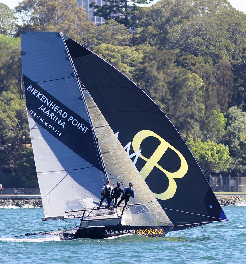Birkenhead Point Marina sports her new rig for the first time today in race 2 of the 18ft Skiff Spring Championship on Sydney Harbour photo copyright Frank Quealey taken at Australian 18 Footers League and featuring the 18ft Skiff class