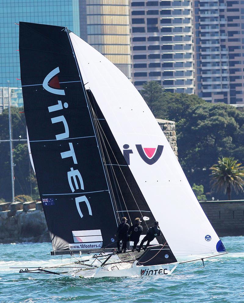 Vintec with the Sydney CBD in the background in race 2 of the 18ft Skiff Spring Championship on Sydney Harbour photo copyright Frank Quealey taken at Australian 18 Footers League and featuring the 18ft Skiff class