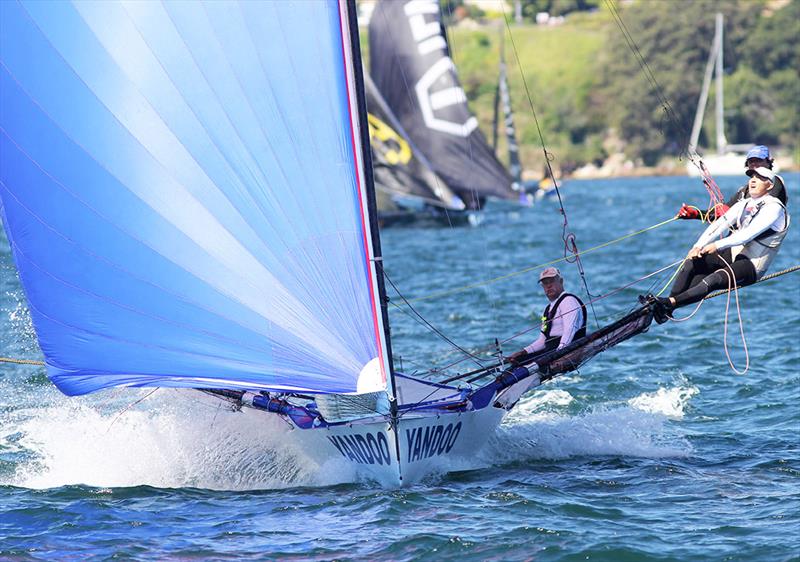 John Winning's Yandoo crew on the way to the wing mark off Clark Island in race 2 of the 18ft Skiff Spring Championship on Sydney Harbour - photo © Frank Quealey