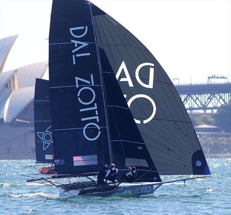 Dal Zotto and race winner Noakesailing head for the bottom mark in race 2 of the 18ft Skiff Spring Championship on Sydney Harbour photo copyright Frank Quealey taken at Australian 18 Footers League and featuring the 18ft Skiff class
