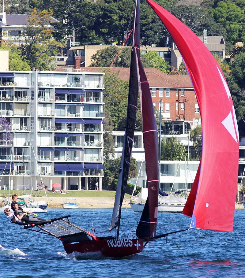 Noakesailing crew drive their skiff towards the finish line to grab their second consecutive win in race 2 of the 18ft Skiff Spring Championship on Sydney Harbour photo copyright Frank Quealey taken at Australian 18 Footers League and featuring the 18ft Skiff class