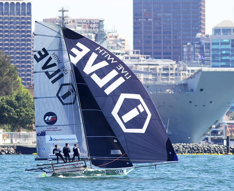 The new ILVE team were in the top ten going downwind on lap one in race 2 of the 18ft Skiff Spring Championship on Sydney Harbour photo copyright Frank Quealey taken at Australian 18 Footers League and featuring the 18ft Skiff class
