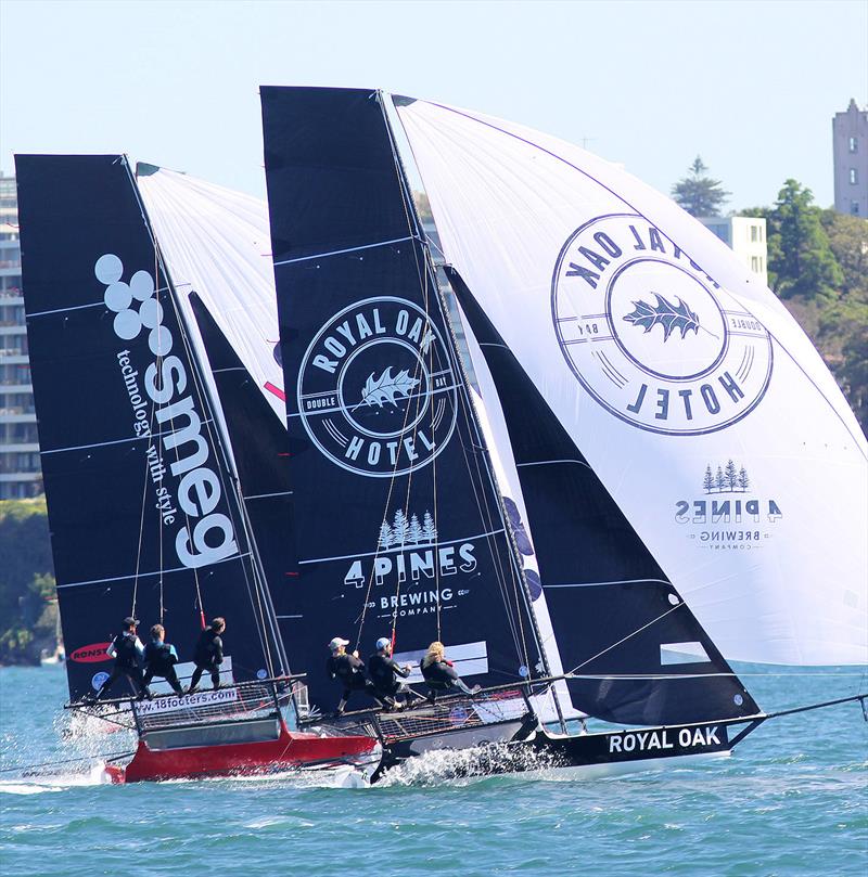 The Oak Double Bay-4 Pines and Smeg on a tight spinnaker run in race 1 of the 18ft Skiff Club Championship on Sydney Harbour photo copyright Frank Quealey taken at Australian 18 Footers League and featuring the 18ft Skiff class