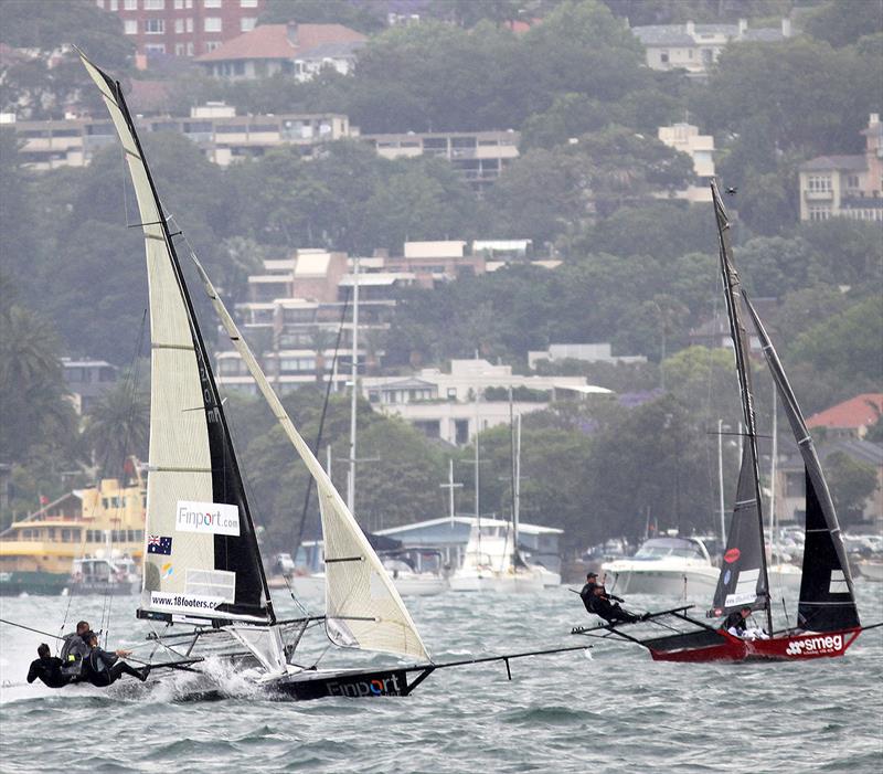 Finport Finance and Smeg approach the bottom mark on lap one in race 4 of the 18ft Skiff Spring Championship on Sydney Harbour photo copyright Frank Quealey taken at Australian 18 Footers League and featuring the 18ft Skiff class