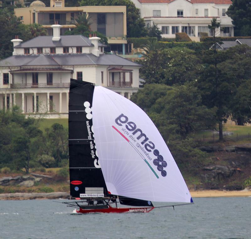Smeg sails home a winner after a dramatic race 4 of the 18ft Skiff Spring Championship on Sydney Harbour photo copyright Frank Quealey taken at Australian 18 Footers League and featuring the 18ft Skiff class