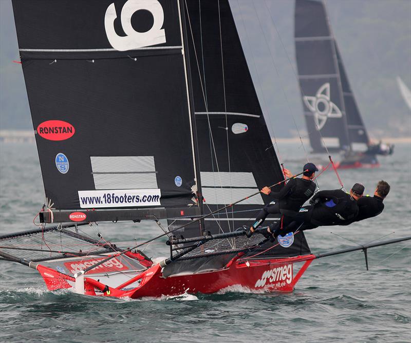 Smeg's crew show their windward form on the first leg of the course in race 4 of the 18ft Skiff Spring Championship on Sydney Harbour photo copyright Frank Quealey taken at Australian 18 Footers League and featuring the 18ft Skiff class