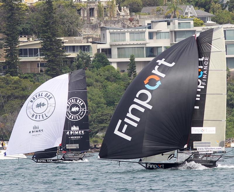 The battle for second place on the loop between Rose Bay and Taylor Bay in race 1 of the 18ft Skiff NSW Championship photo copyright Frank Quealey taken at Australian 18 Footers League and featuring the 18ft Skiff class