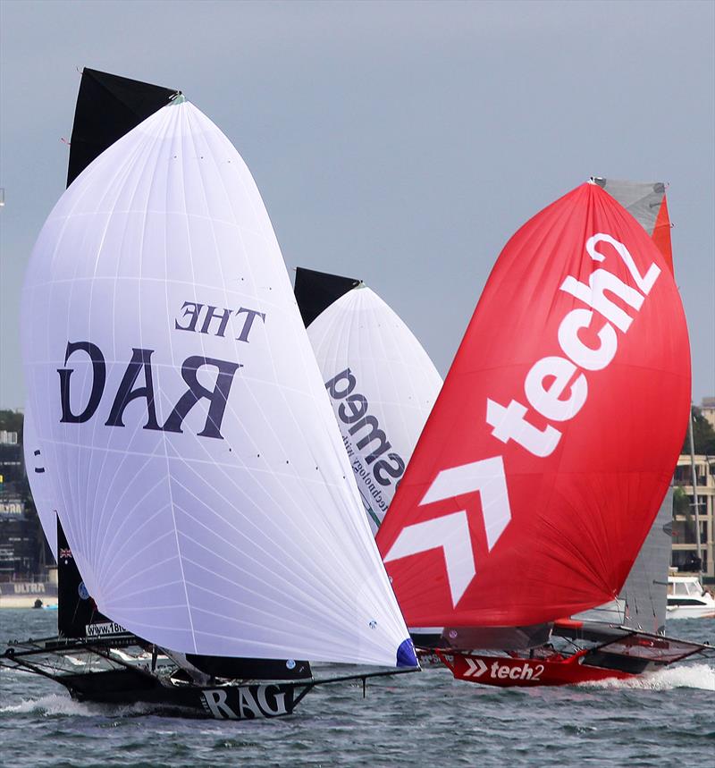 The Rag leads Tech2 and Smeg as the fleet approaches the bottom mark on day 1 of the 18ft Skiff Australian Championship photo copyright Frank Quealey taken at Australian 18 Footers League and featuring the 18ft Skiff class