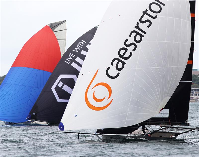 Tight spinnaker action on day 1 of the 18ft Skiff Australian Championship photo copyright Frank Quealey taken at Australian 18 Footers League and featuring the 18ft Skiff class