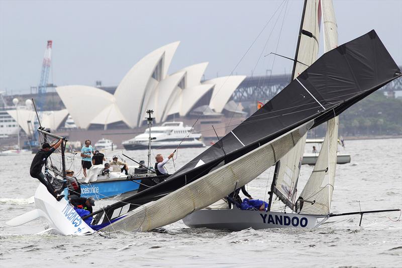 Problems at the bottom mark on day 4 of the 18ft Skiff Australian Championship photo copyright Frank Quealey taken at Australian 18 Footers League and featuring the 18ft Skiff class