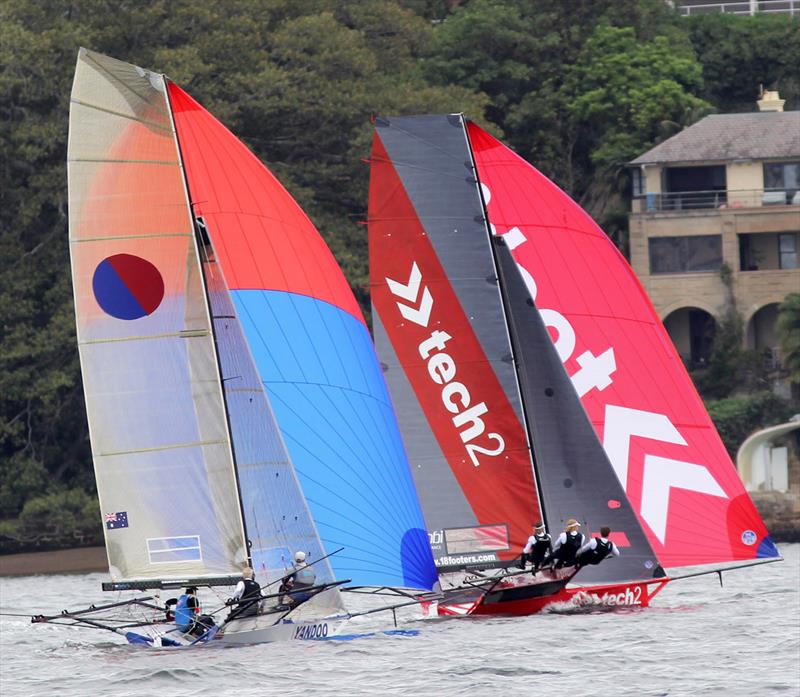 Yandoo and Tech2 in a tight battle on day 5 of the 18ft Skiff Australian Championship photo copyright Frank Quealey taken at Australian 18 Footers League and featuring the 18ft Skiff class