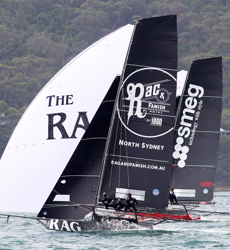 Rag and Famish Hotel and Smeg show their downwind speed in a lead up to the JJ, which start tomorrow on Sydney Harbour photo copyright Frank Quealey taken at Australian 18 Footers League and featuring the 18ft Skiff class