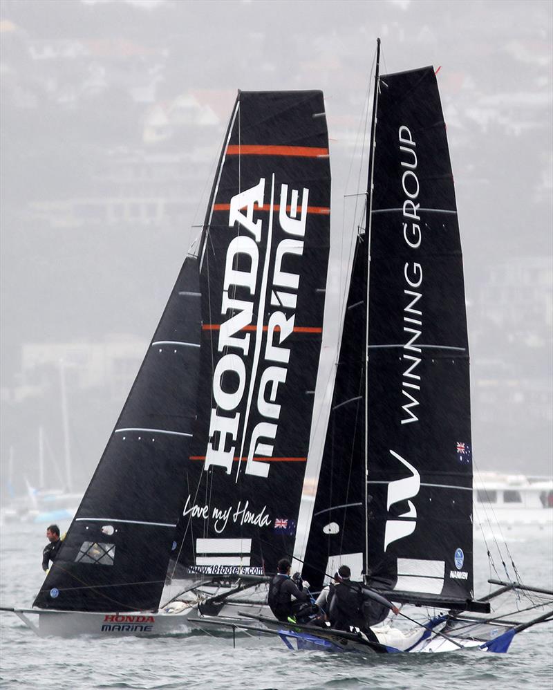 Honda Mariine and Winning Group racing for third place on the first lap of the course in race 1 of the 2020 18ft Skiff JJ Giltinan Championship photo copyright Frank Quealey taken at Australian 18 Footers League and featuring the 18ft Skiff class