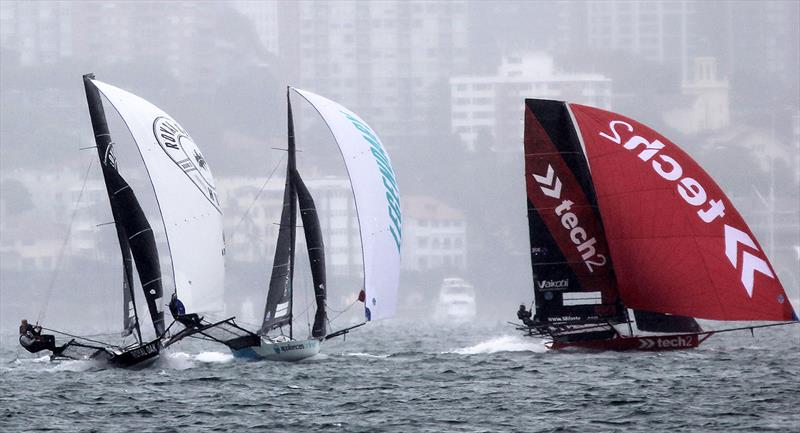 Visibility low but the action was high in race 1 of the 2020 18ft Skiff JJ Giltinan Championship photo copyright Frank Quealey taken at Australian 18 Footers League and featuring the 18ft Skiff class