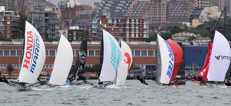 Charge from the windward mark during race 2 of the 2020 18ft Skiff JJ Giltinan Championship photo copyright Frank Quealey taken at Australian 18 Footers League and featuring the 18ft Skiff class