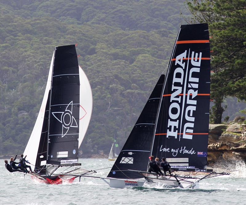 Honda Marine about to grab the lead from Noakesailing during race 2 of the 2020 18ft Skiff JJ Giltinan Championship photo copyright Frank Quealey taken at Australian 18 Footers League and featuring the 18ft Skiff class