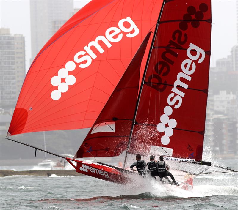 Smeg at top speed heading to the Shark Island wing mark photo copyright Frank Quealey taken at Australian 18 Footers League and featuring the 18ft Skiff class