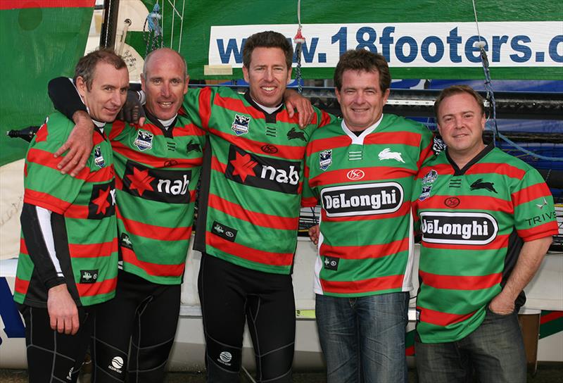 De'Longhi-Rabbitohs crew with sponsors wearing the famous South Sydney Rabbitohs Rugby League jersey photo copyright Frank Quealey taken at Australian 18 Footers League and featuring the 18ft Skiff class